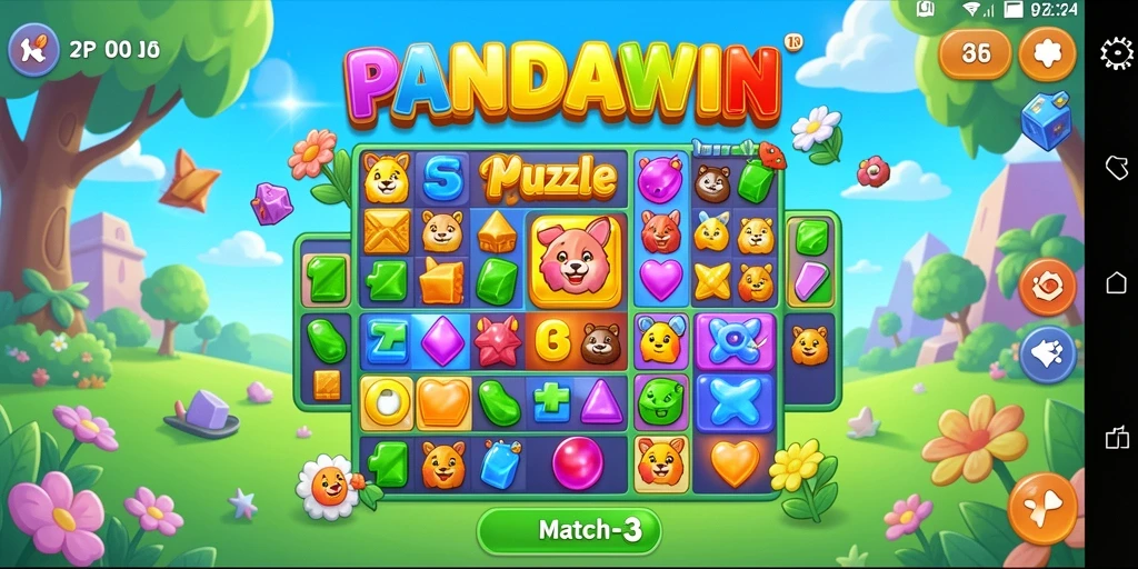 Antarmuka Puzzle Match-3 yang berwarna dan menarik.